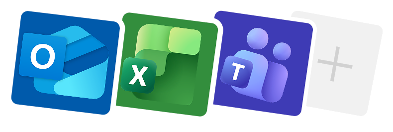 Outlook, Excel and Teams icons in a row, followed by a blank tile with a plus sign
