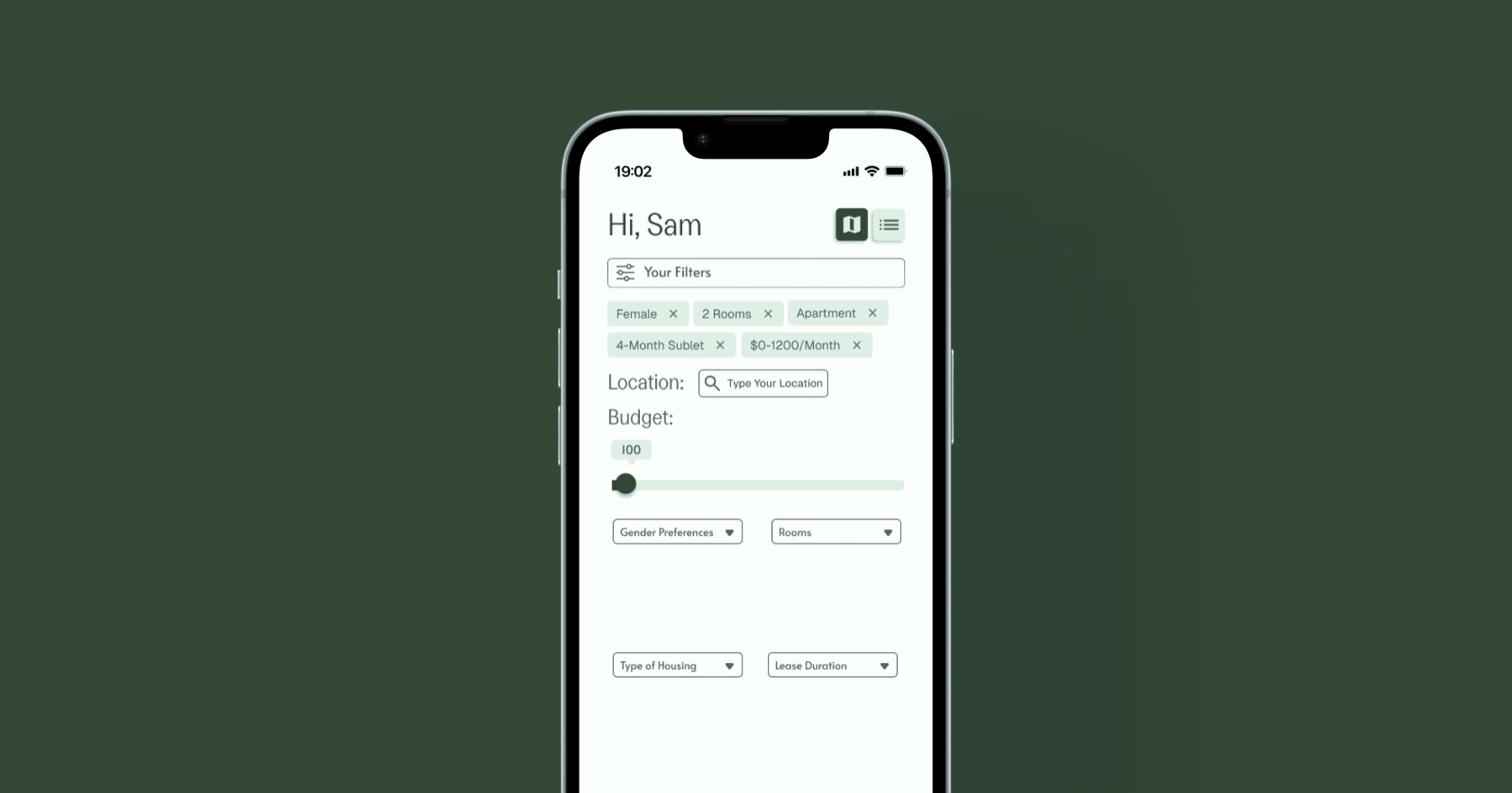 RoomEase explore page with filters on a phone