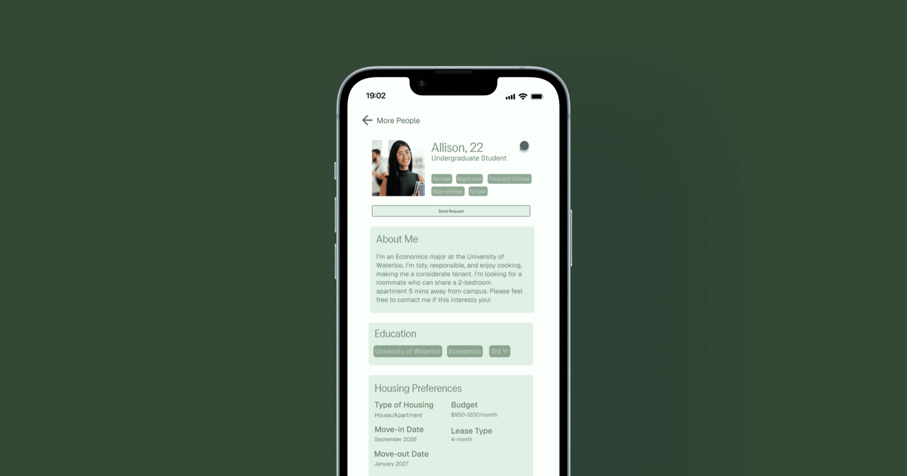 RoomEase roommate profile screens