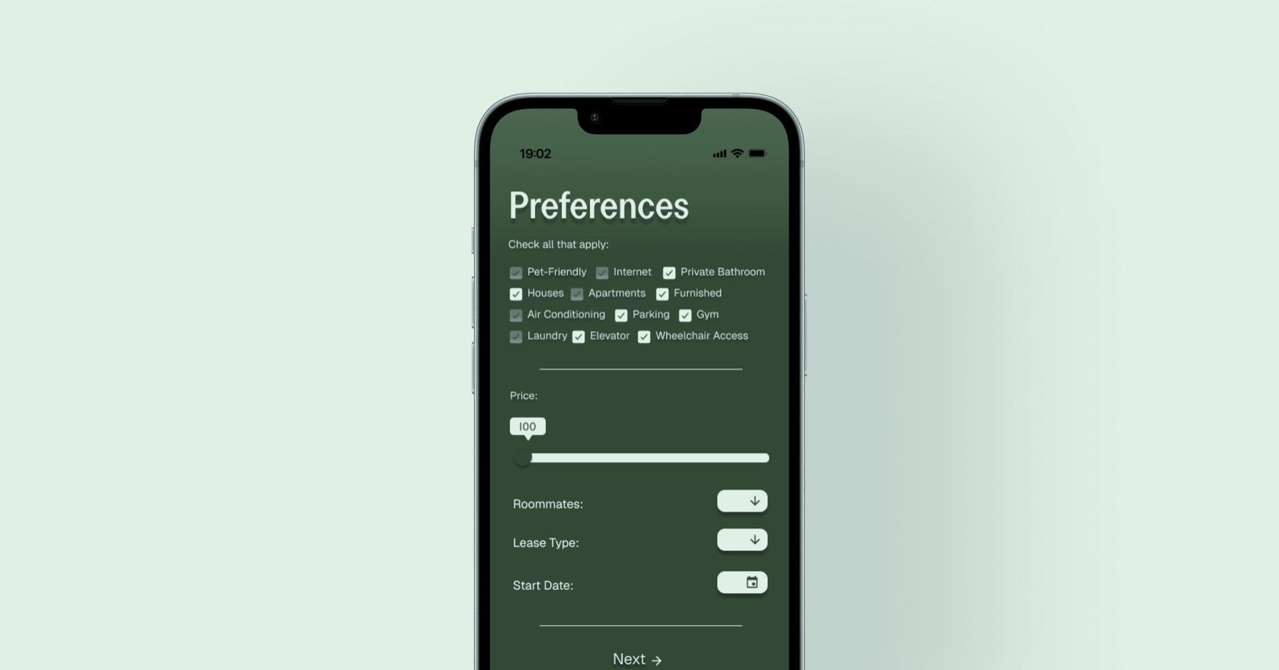 RoomEase sign-up preference screens