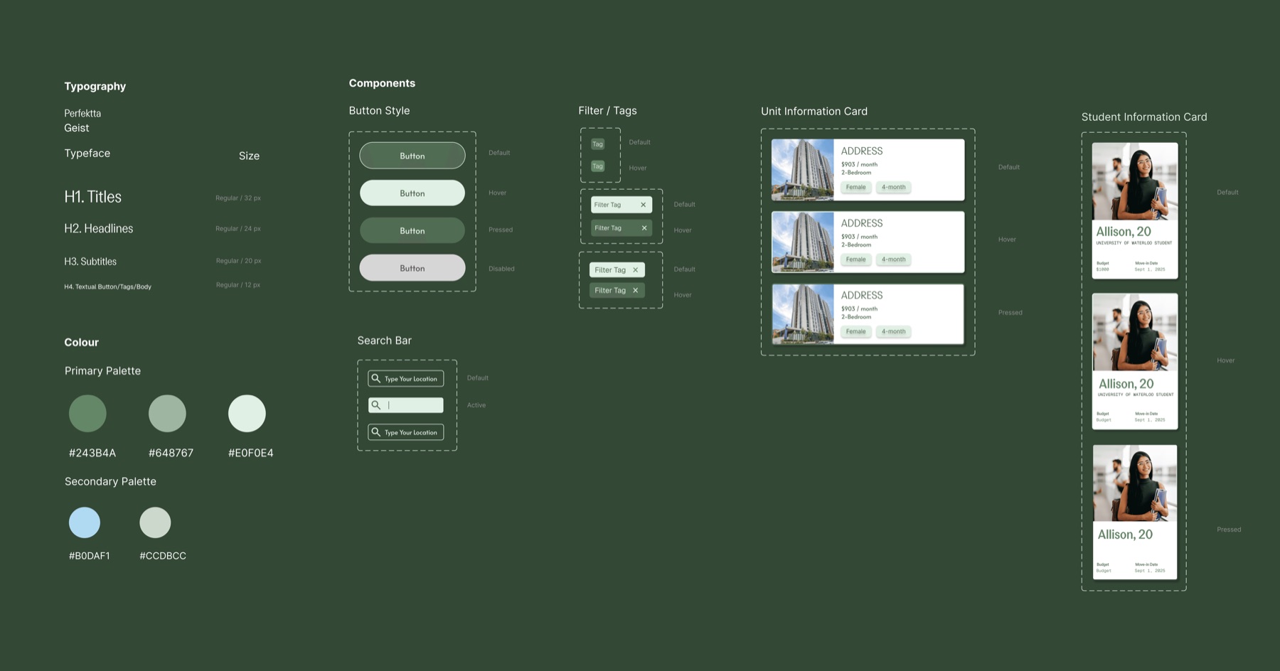 RoomEase design system: colours, type and components