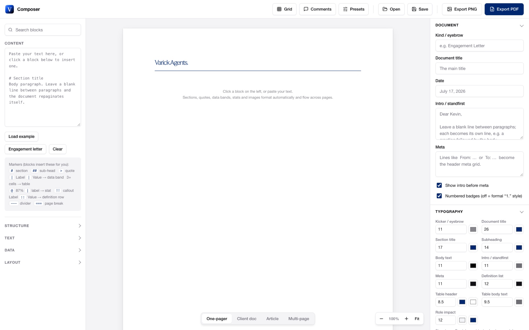 The Varick document builder interface