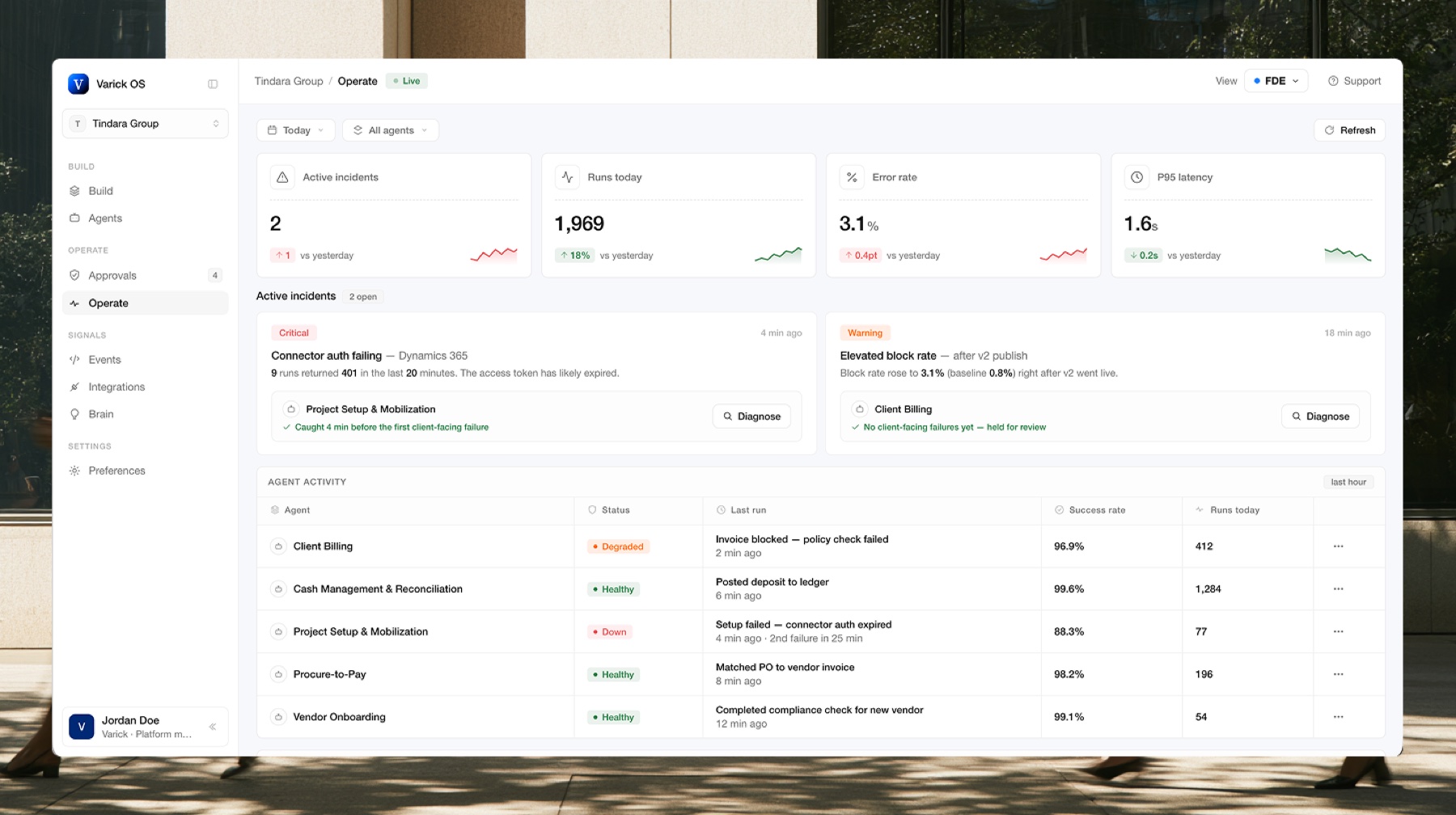 Varick OS operate view with agent activity and run metrics