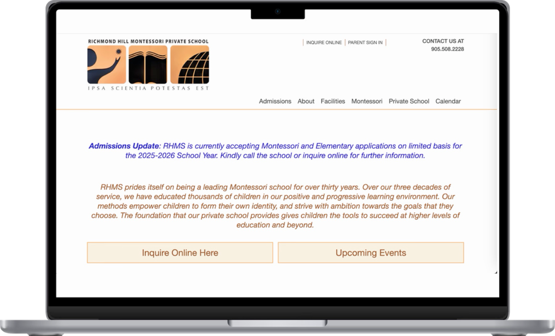 Richmond Hill Montessori Private School landing page on a laptop