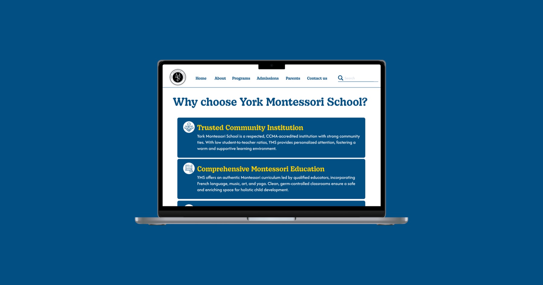 Redesigned homepage section explaining why to choose York Montessori School